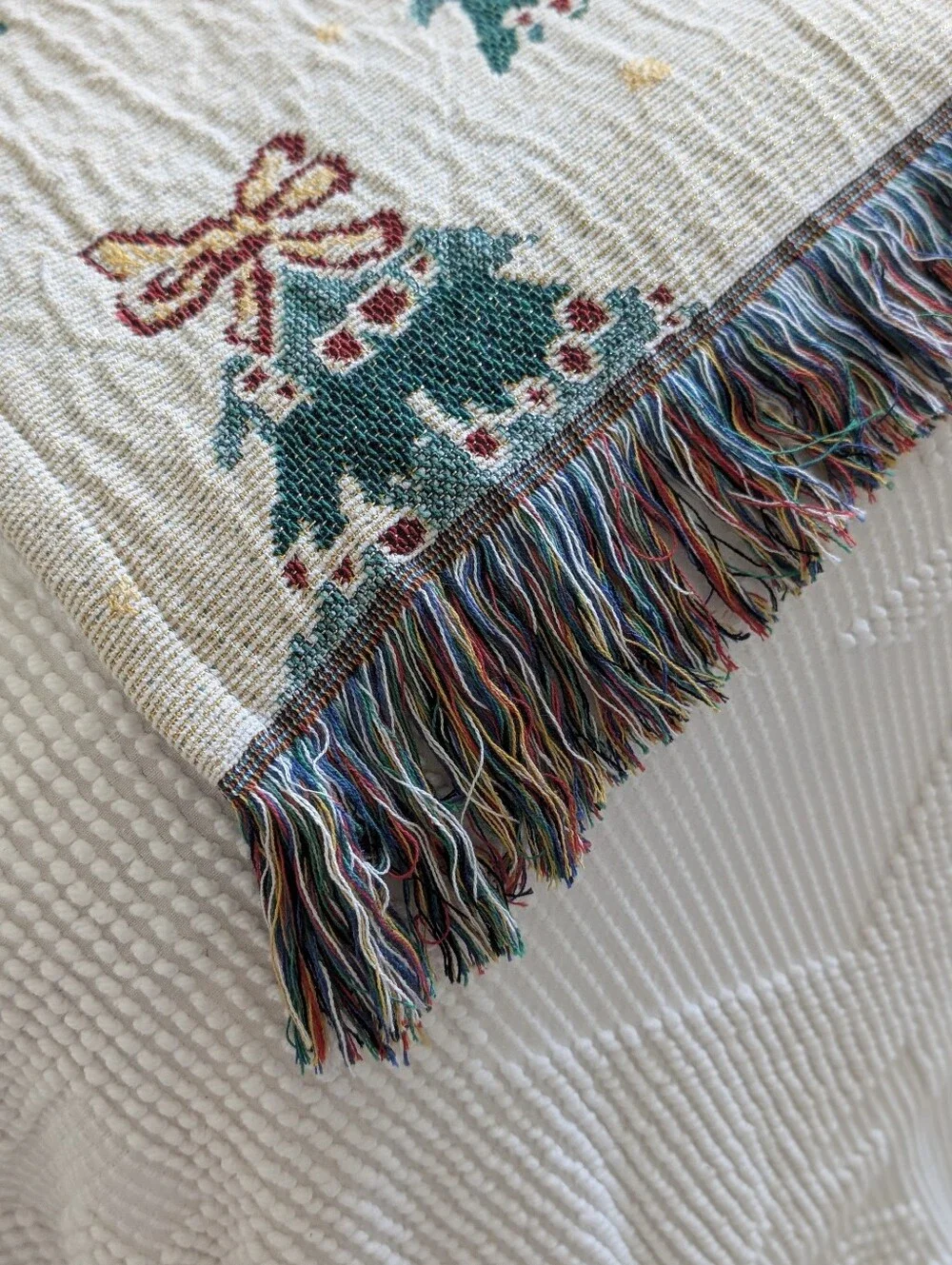 Queenwest Holiday Christmas Tree Throw Blanket Metallic Cream Green Size 76